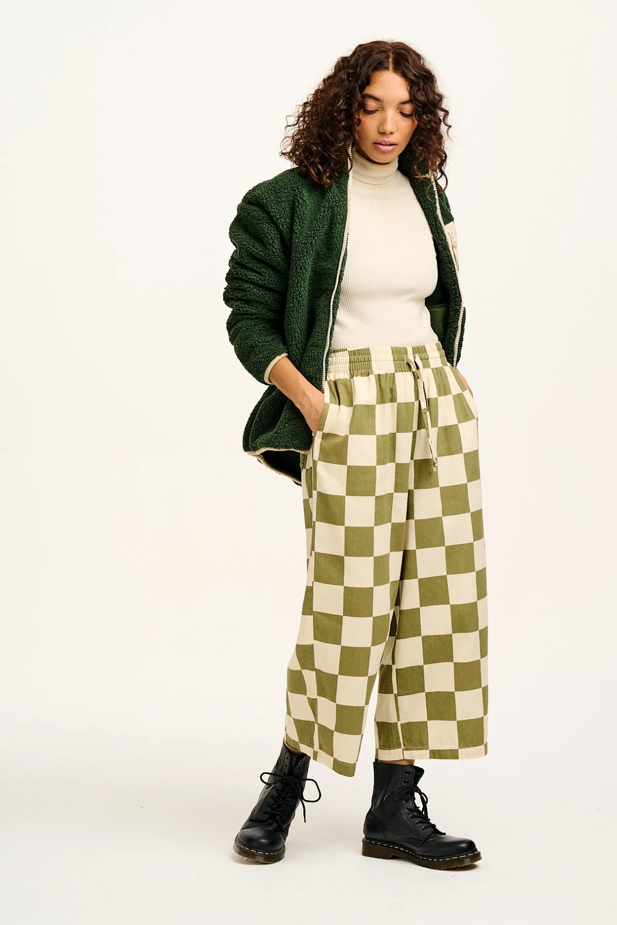 Lucy & Yak Chuck - Wide Leg Cotton Trousers in Pistachio Green Checkerboard Print