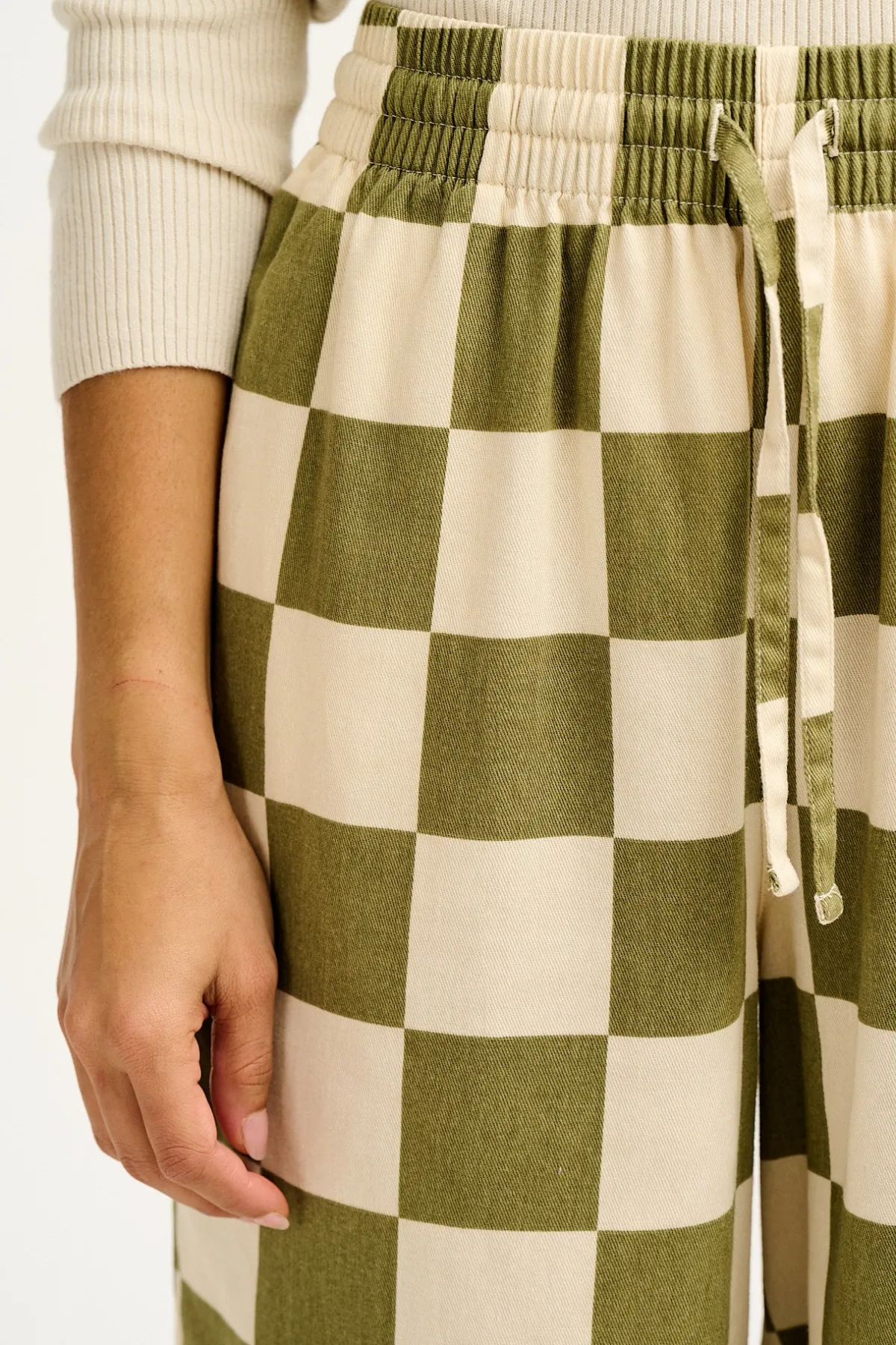 Lucy & Yak Chuck - Wide Leg Cotton Trousers in Pistachio Green Checkerboard Print