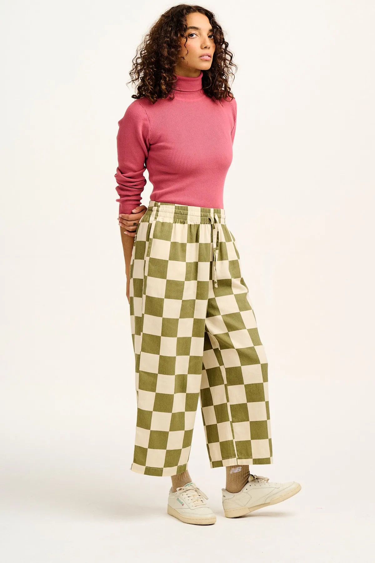 Lucy & Yak Chuck - Wide Leg Cotton Trousers in Pistachio Green Checkerboard Print
