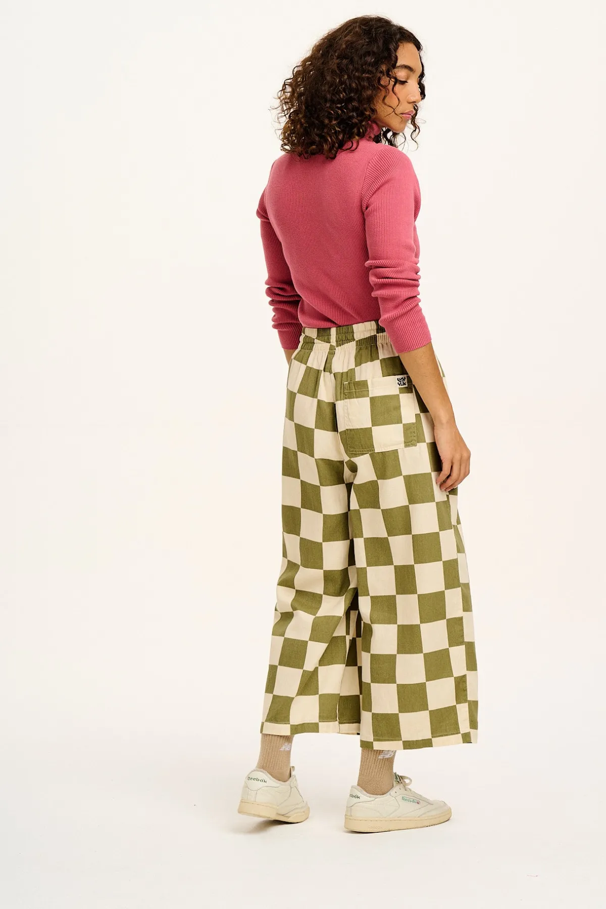 Lucy & Yak Chuck - Wide Leg Cotton Trousers in Pistachio Green Checkerboard Print