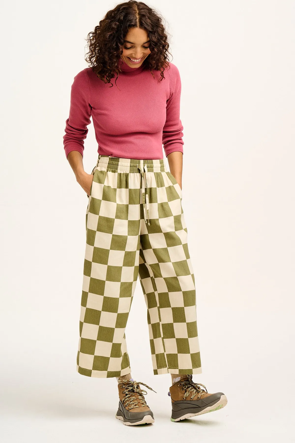 Lucy & Yak Chuck - Wide Leg Cotton Trousers in Pistachio Green Checkerboard Print