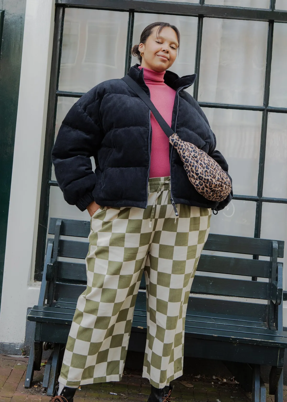 Lucy & Yak Chuck - Wide Leg Cotton Trousers in Pistachio Green Checkerboard Print