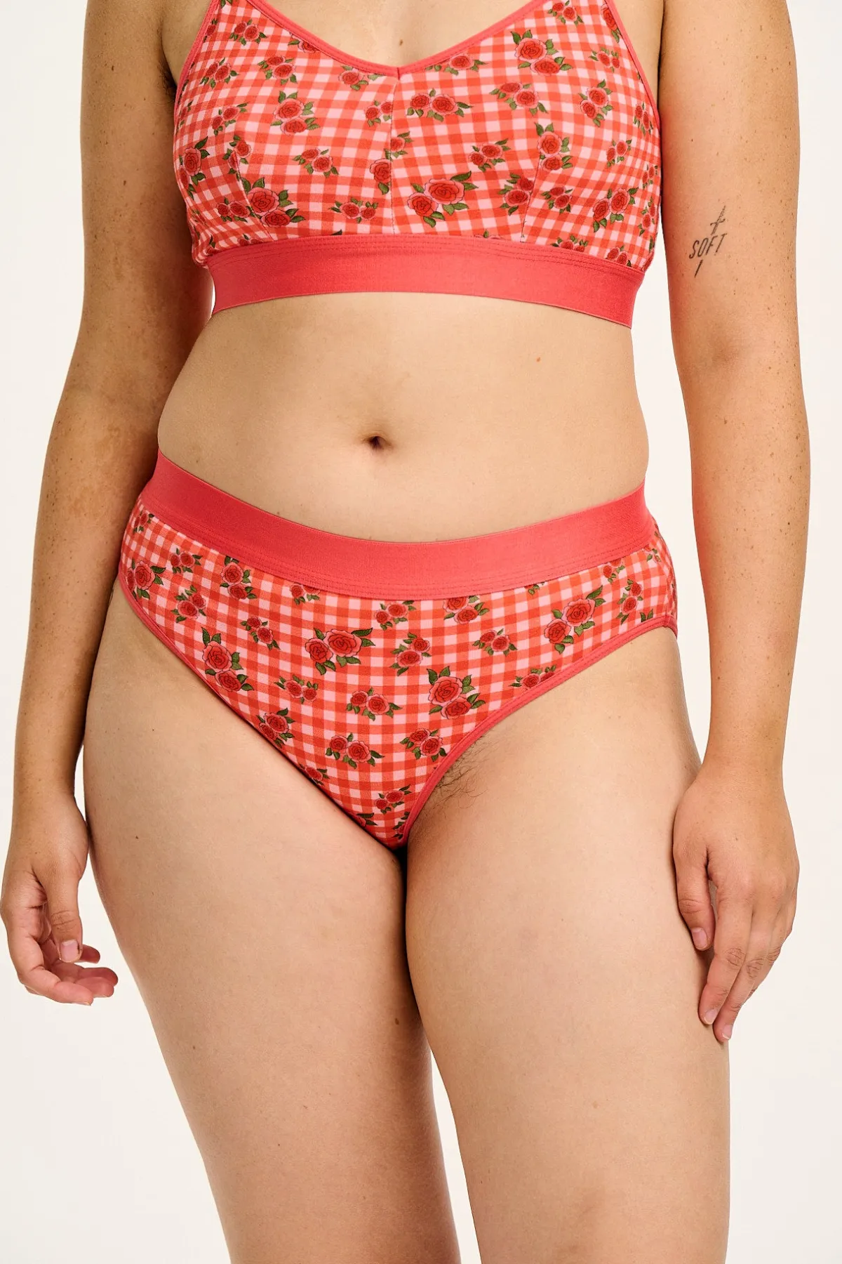 Lucy & Yak Cora - Cotton & Bamboo Bikini Pant in Pink Check Rosalind Print