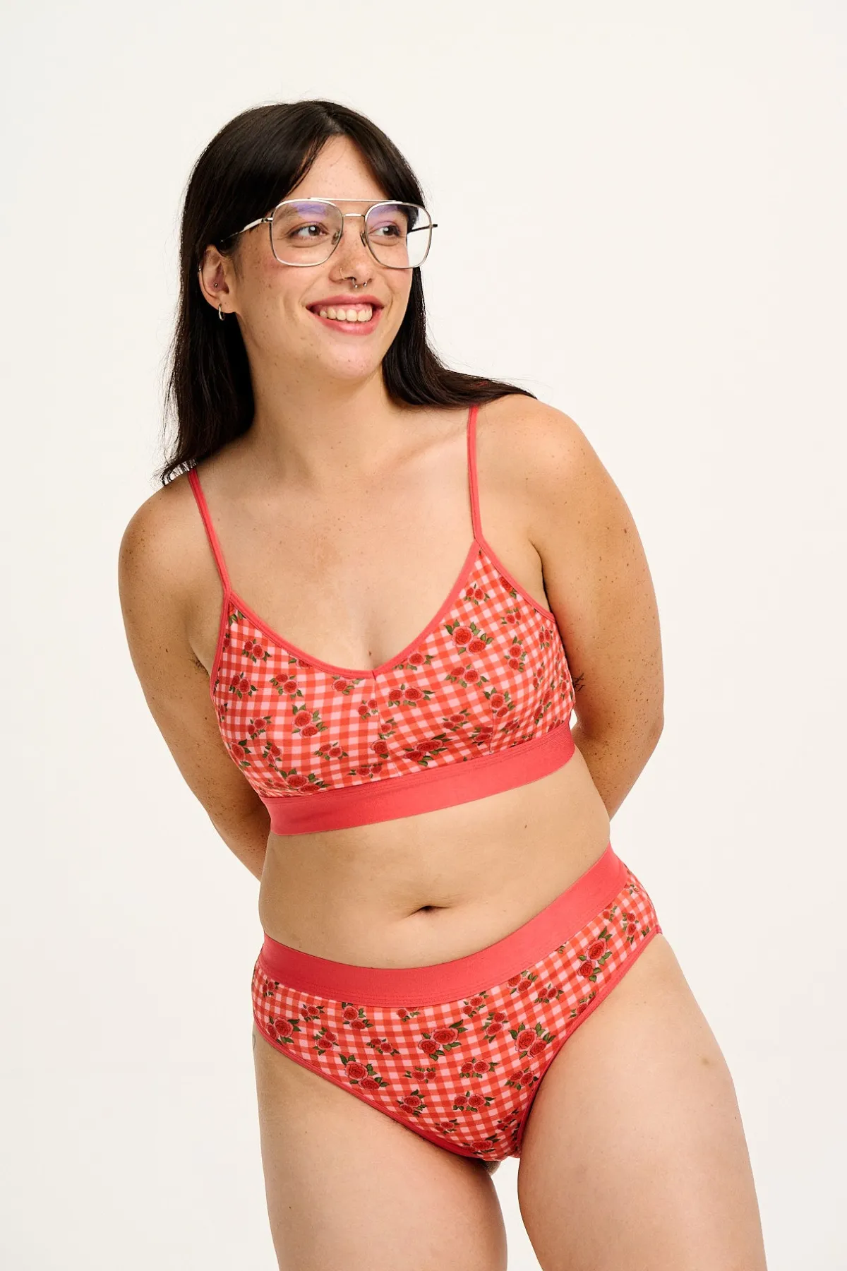 Lucy & Yak Cora - Cotton & Bamboo Bikini Pant in Pink Check Rosalind Print