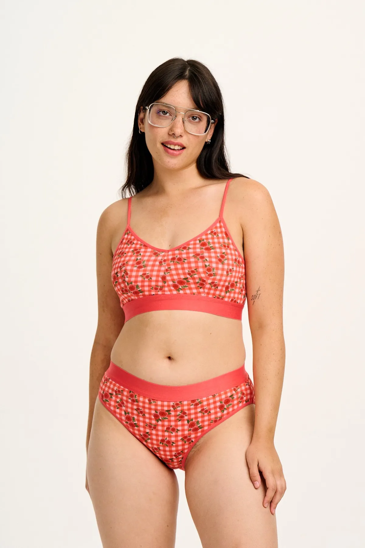 Lucy & Yak Cora - Cotton & Bamboo Bikini Pant in Pink Check Rosalind Print