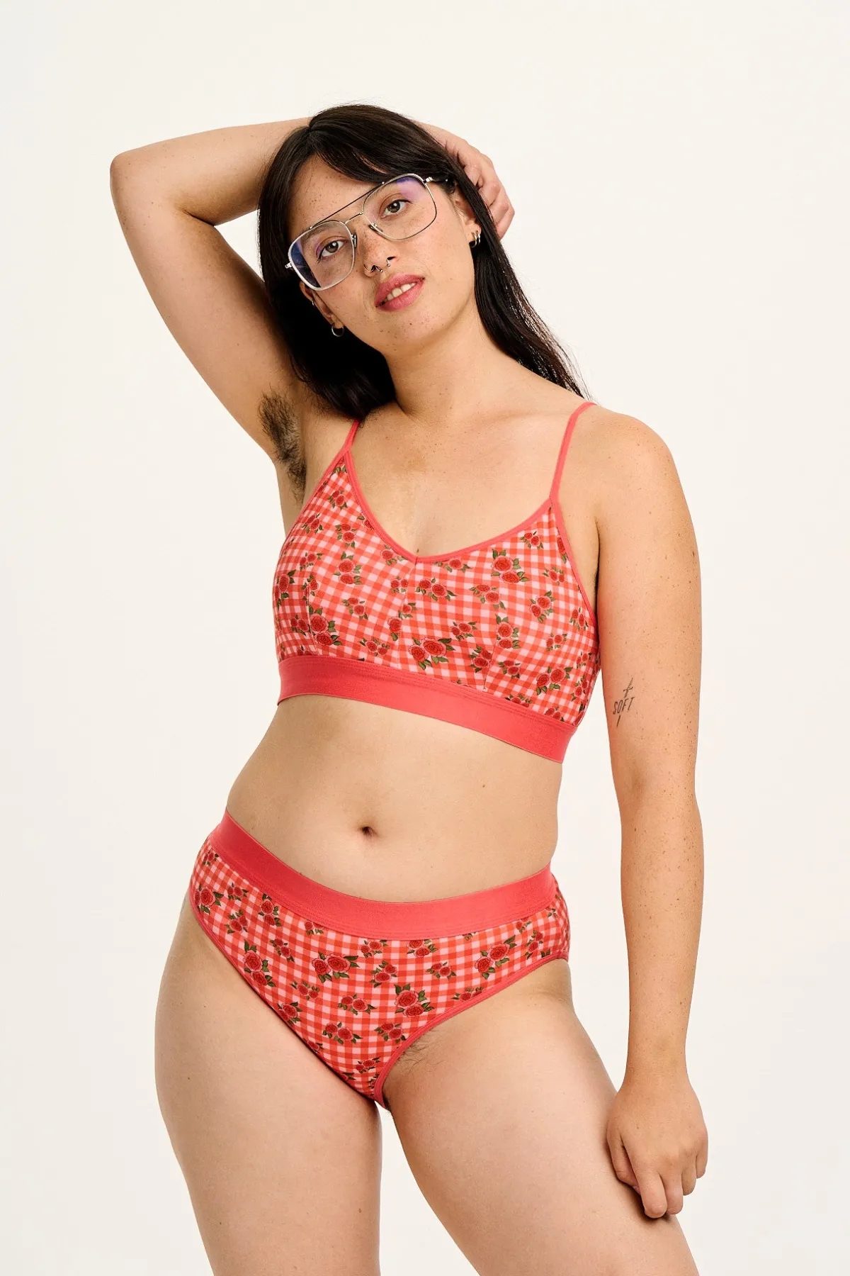 Lucy & Yak Cora - Cotton & Bamboo Bikini Pant in Pink Check Rosalind Print