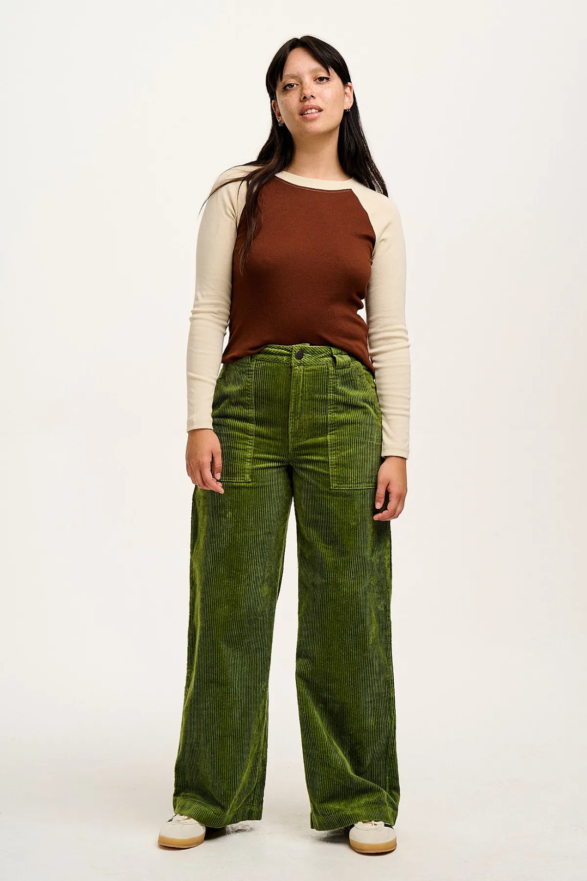 Lucy & Yak Delores - Wide Leg Corduroy Trousers in Pesto Green