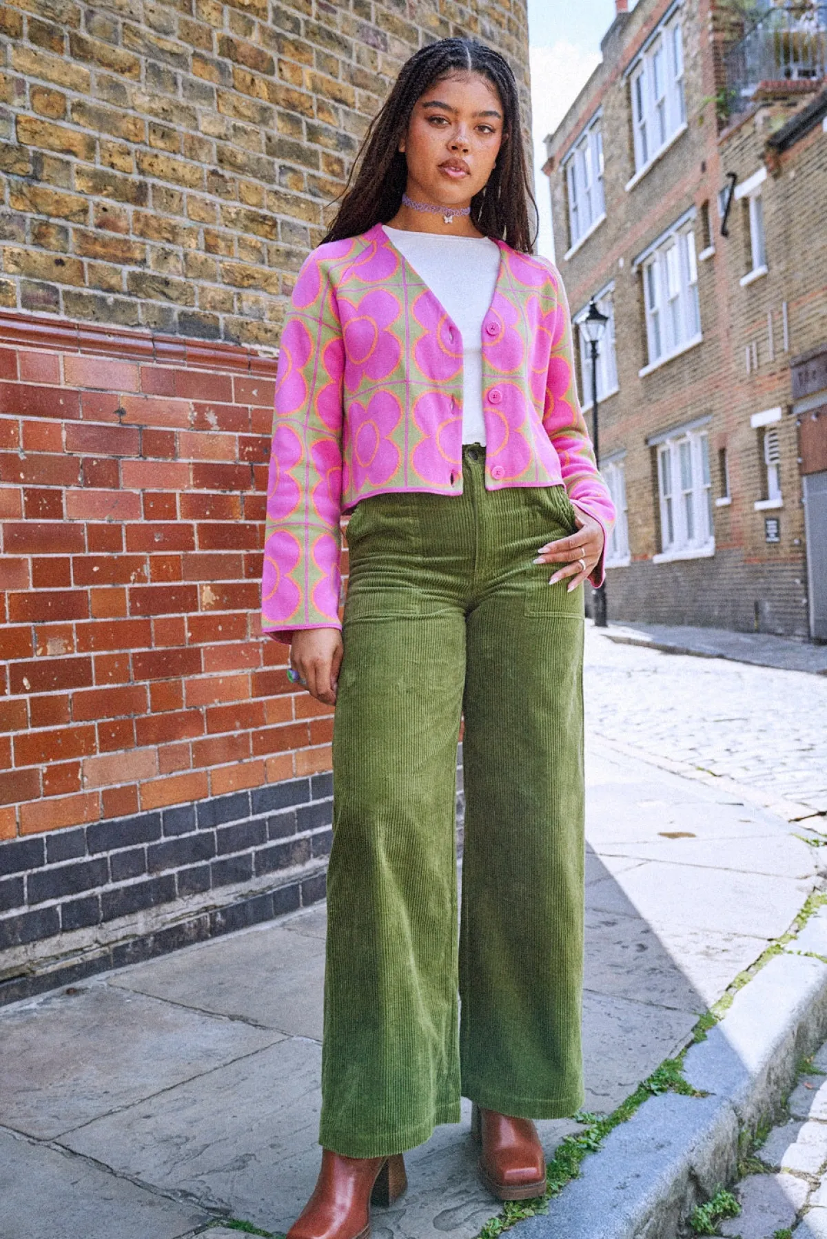 Lucy & Yak Delores - Wide Leg Corduroy Trousers in Pesto Green
