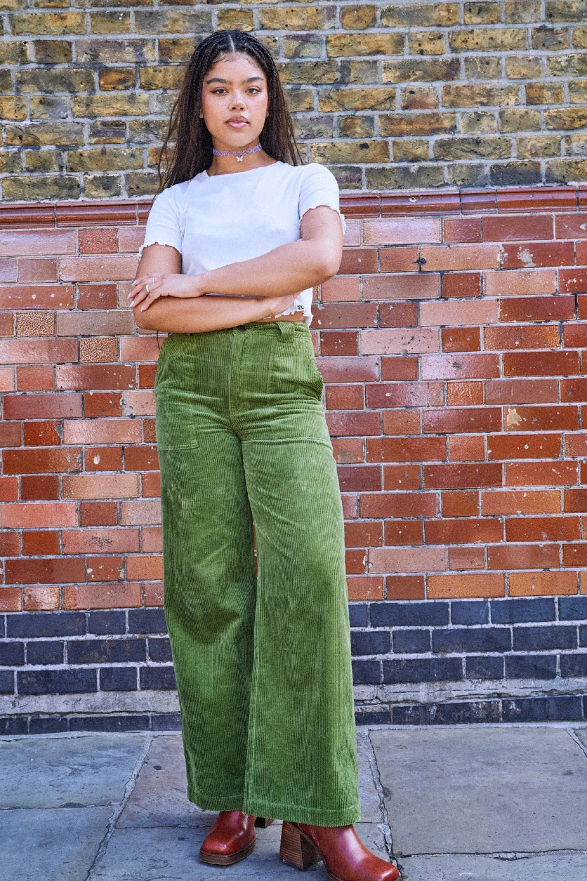 Lucy & Yak Delores - Wide Leg Corduroy Trousers in Pesto Green
