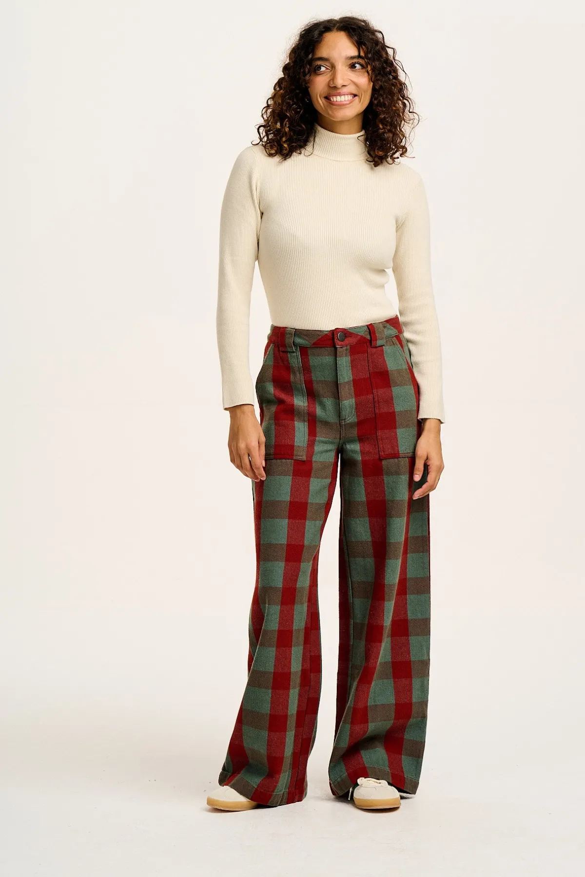 Lucy & Yak Delores - Wide Leg Twill Jeans in Green & Red Houston Tartan Print