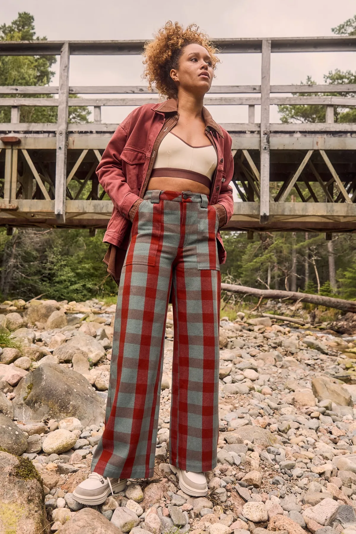 Lucy & Yak Delores - Wide Leg Twill Jeans in Green & Red Houston Tartan Print