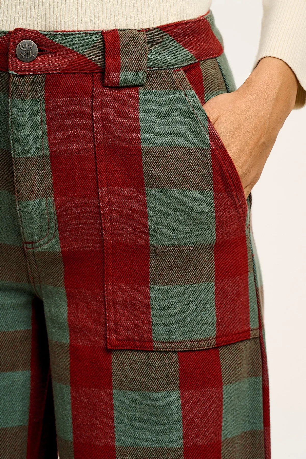 Lucy & Yak Delores - Wide Leg Twill Jeans in Green & Red Houston Tartan Print