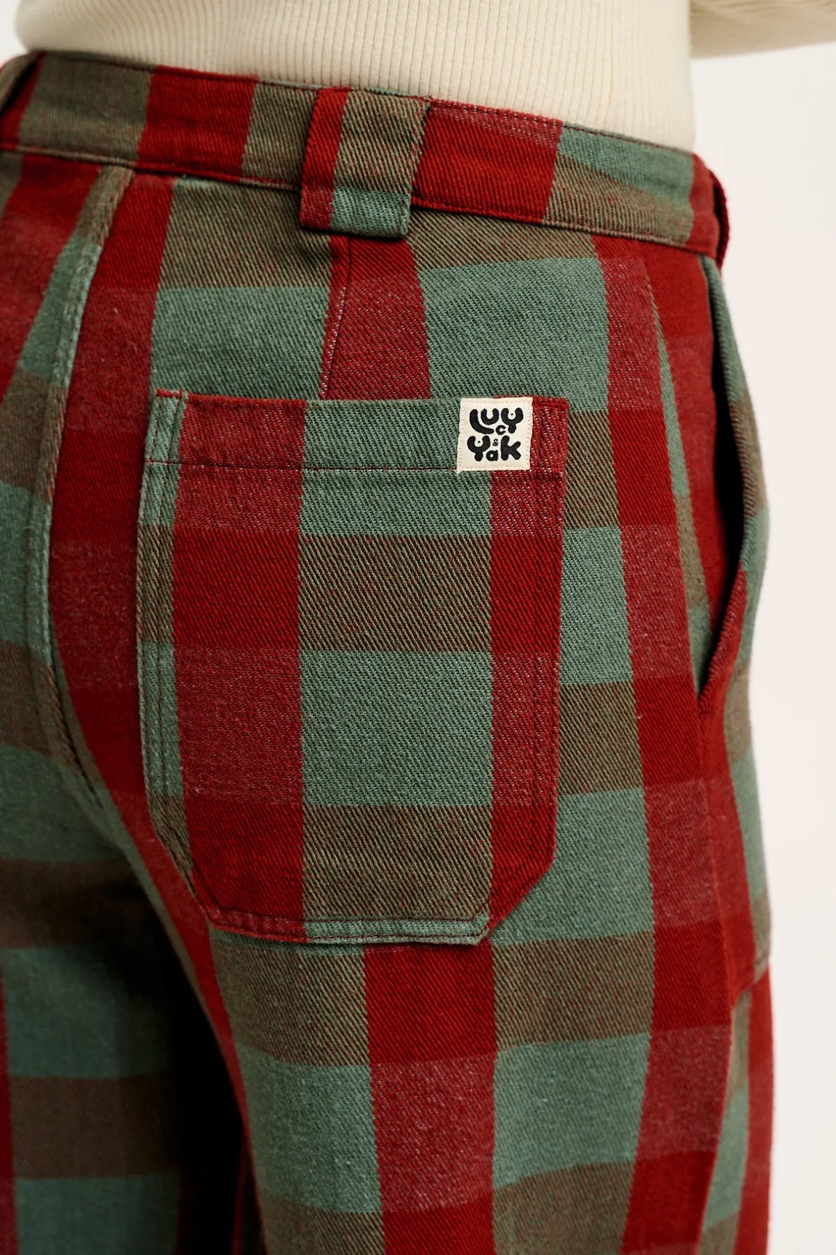 Lucy & Yak Delores - Wide Leg Twill Jeans in Green & Red Houston Tartan Print