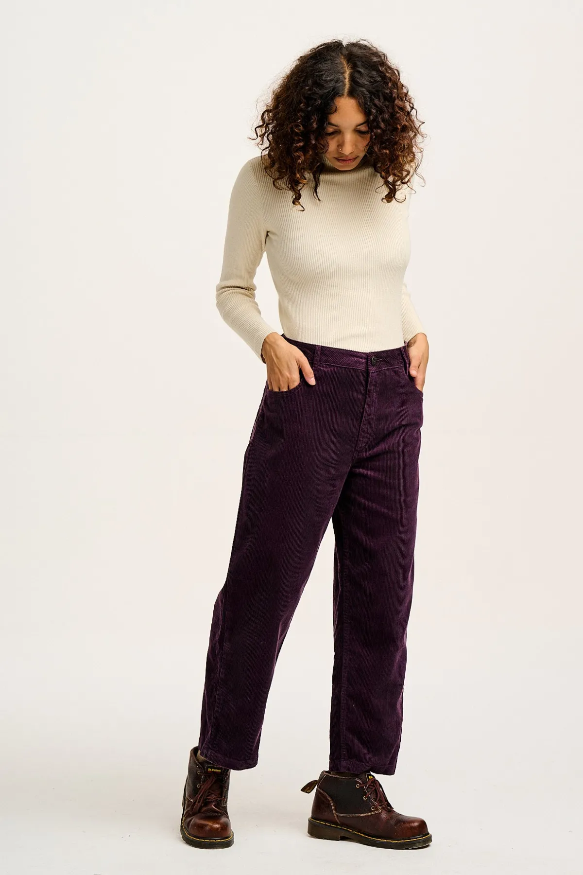 Lucy & Yak Drew - Straight Leg Corduroy Trousers in Plum Perfect