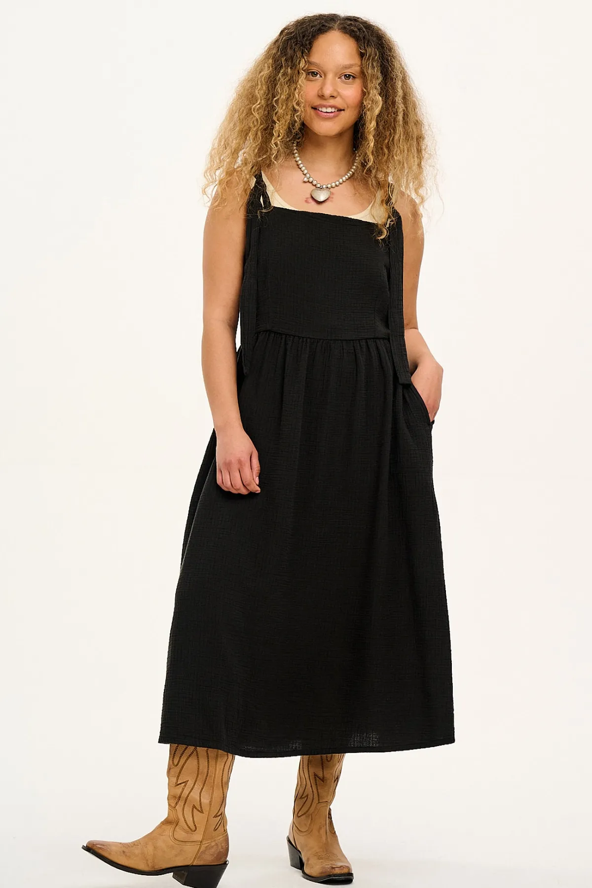 Lucy & Yak Faye - Midi Cotton Gauze Dress in Black