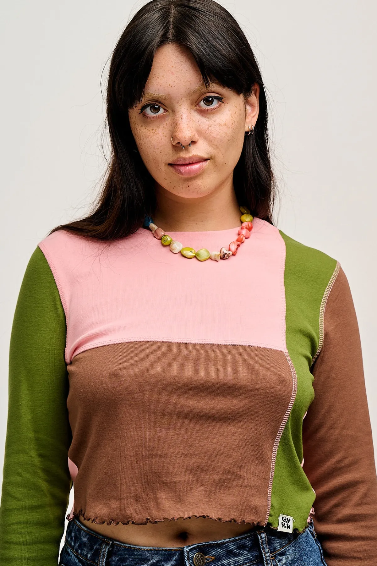 Lucy & Yak Hansel - Long Sleeve Cotton Top in Khaki, Brown & Rose Pink