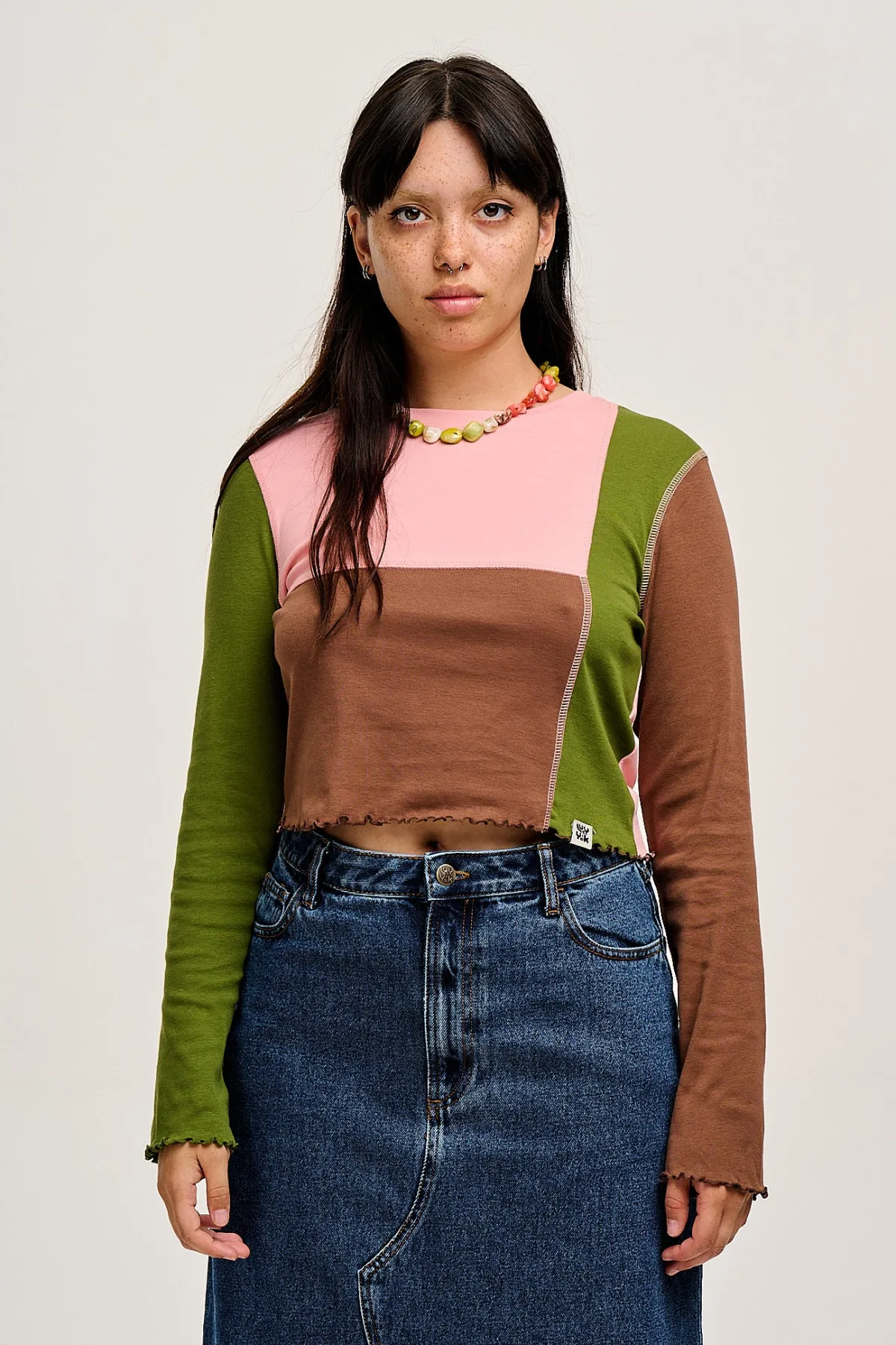 Lucy & Yak Hansel - Long Sleeve Cotton Top in Khaki, Brown & Rose Pink