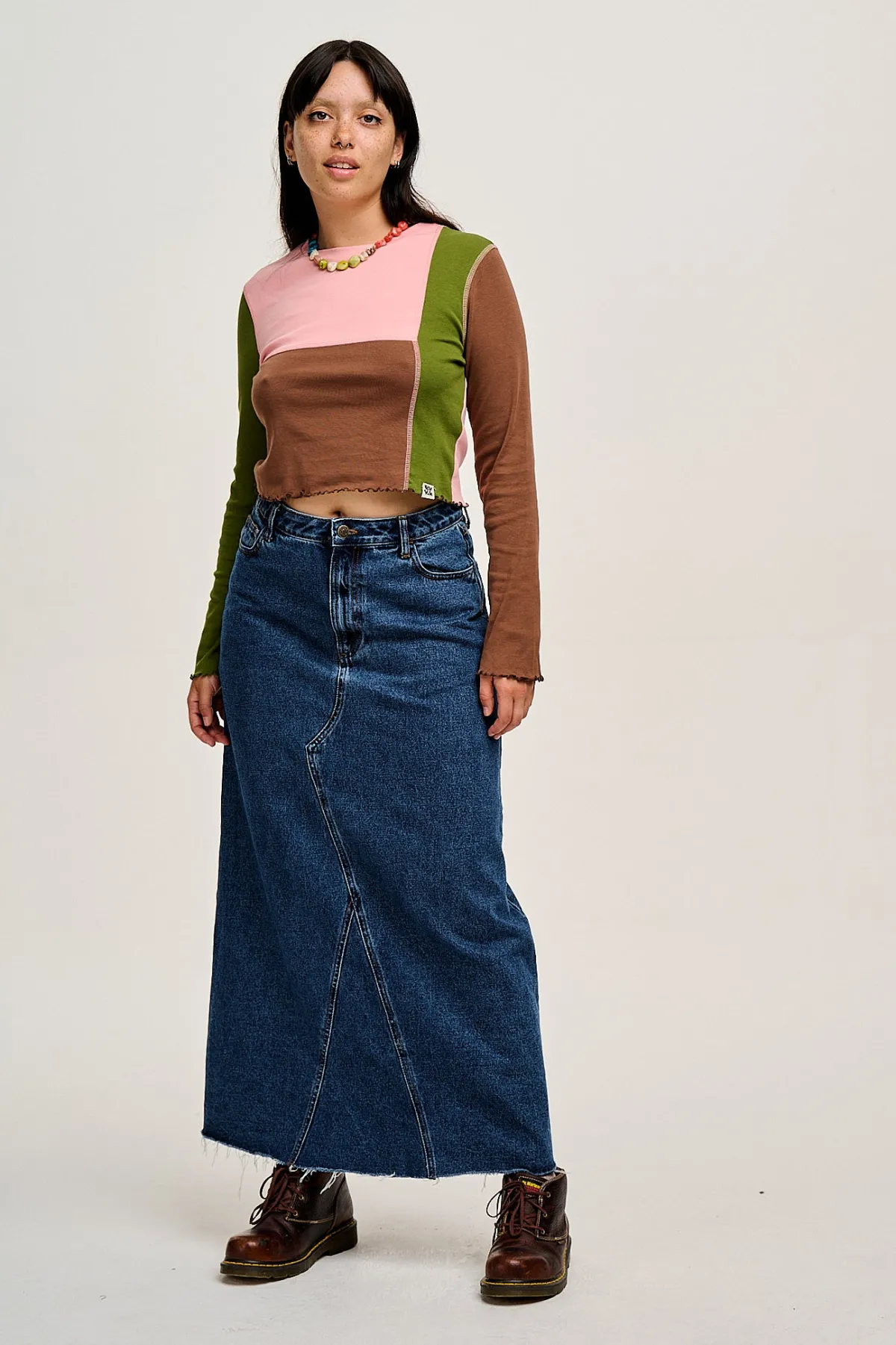 Lucy & Yak Hansel - Long Sleeve Cotton Top in Khaki, Brown & Rose Pink