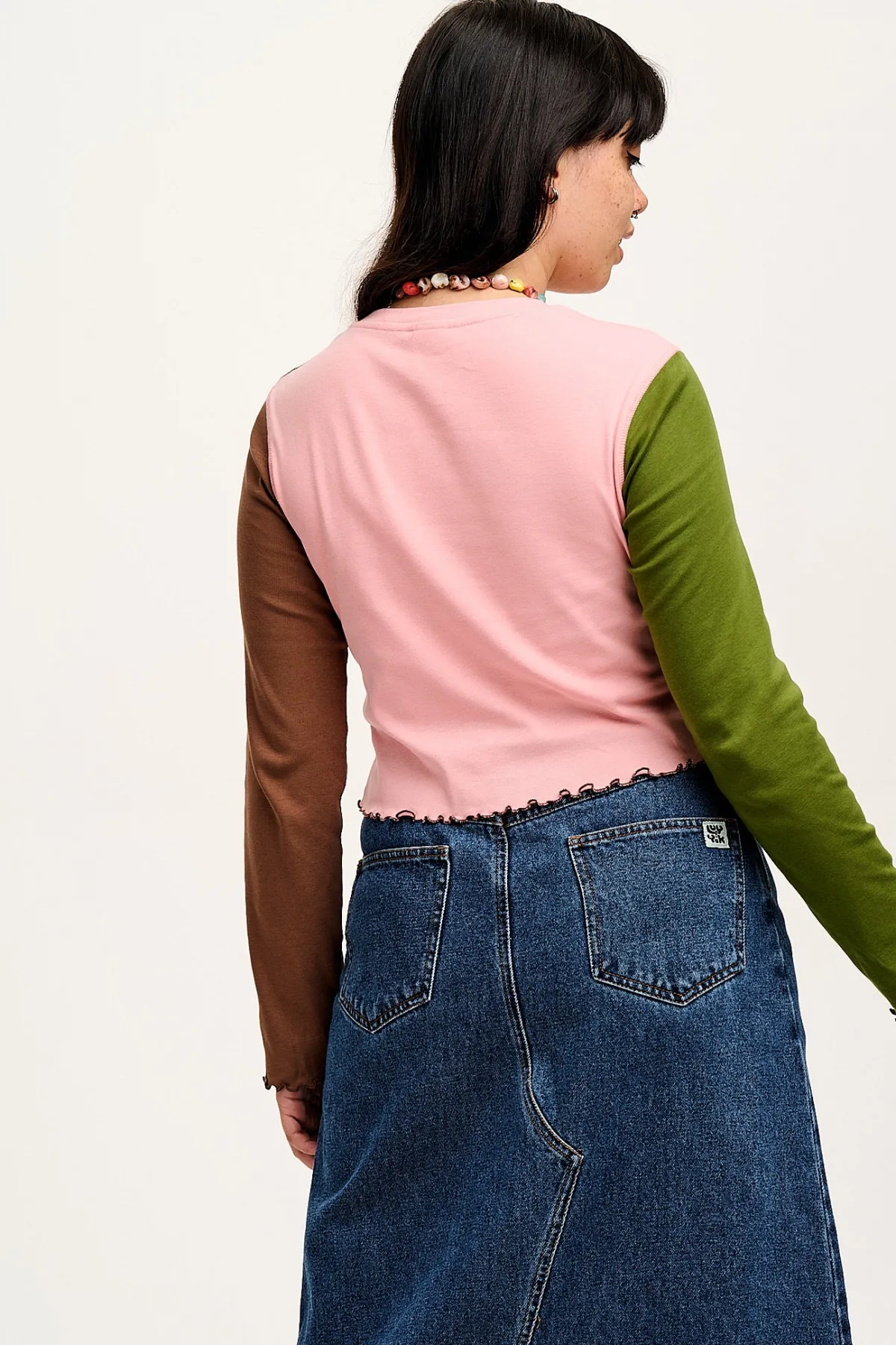 Lucy & Yak Hansel - Long Sleeve Cotton Top in Khaki, Brown & Rose Pink