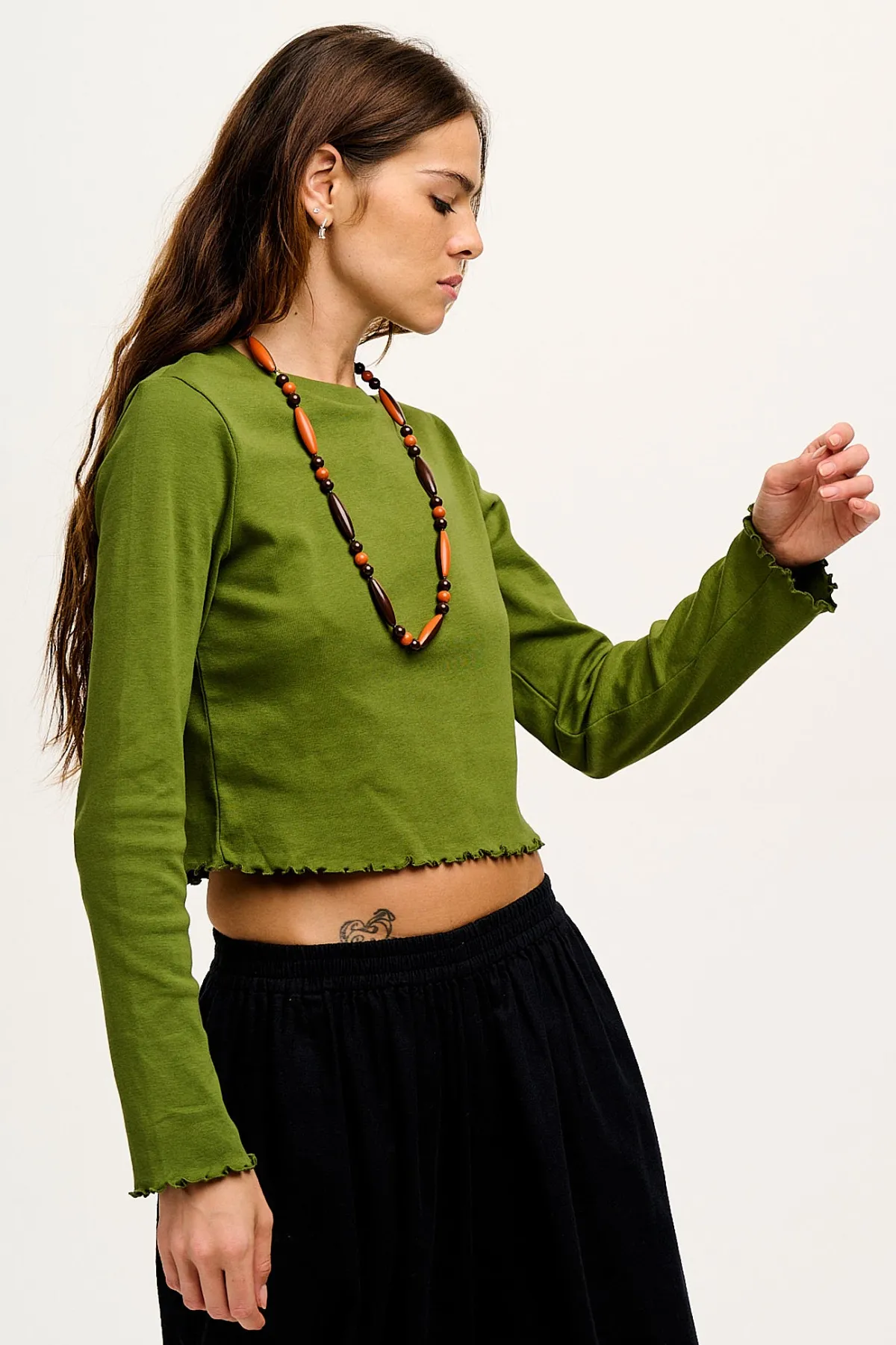 Lucy & Yak Hansel - Long Sleeve Cotton Top in Pesto Green