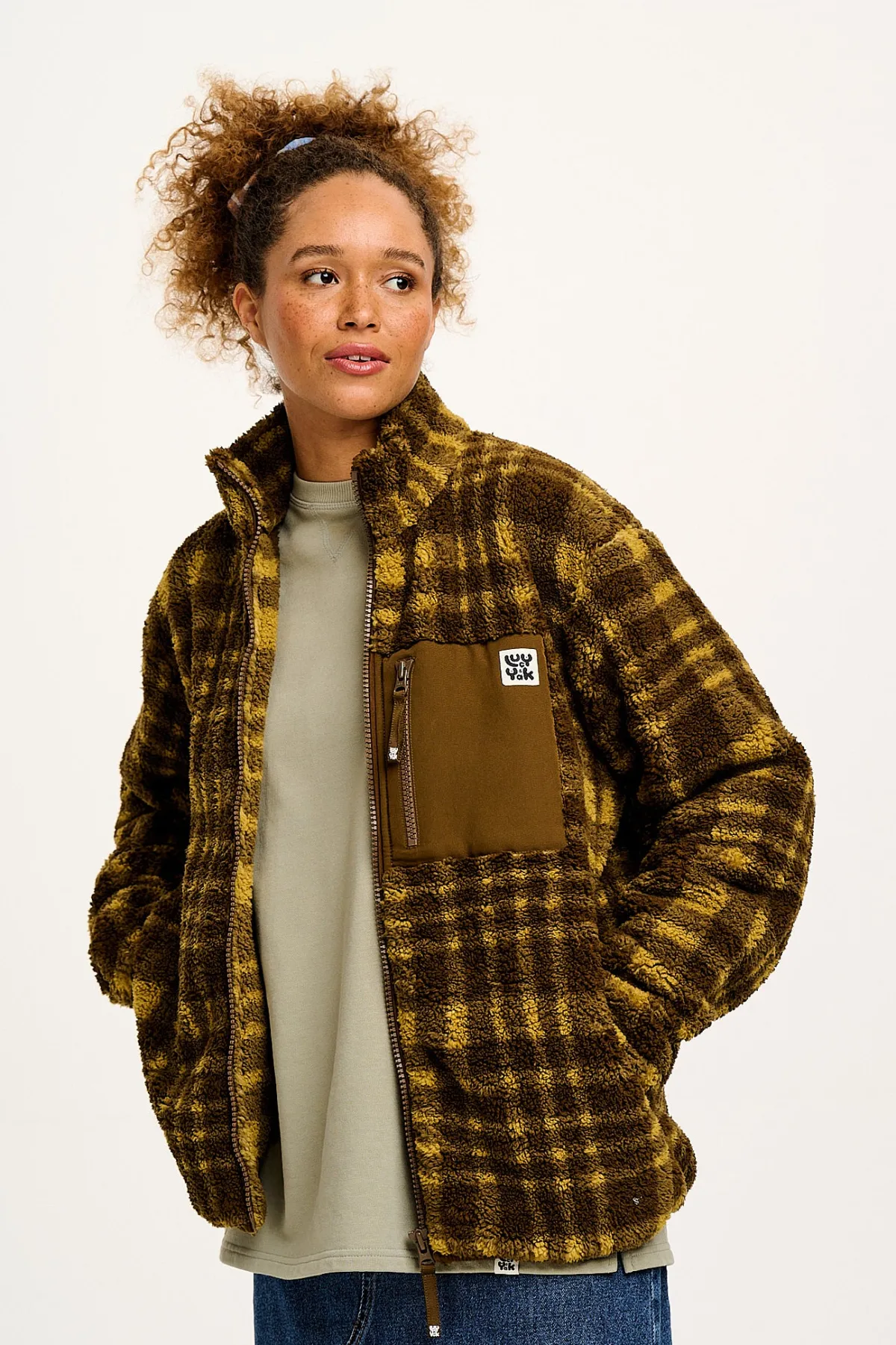 Lucy & Yak Harper - Borg Fleece Jacket in Brown Cher Check