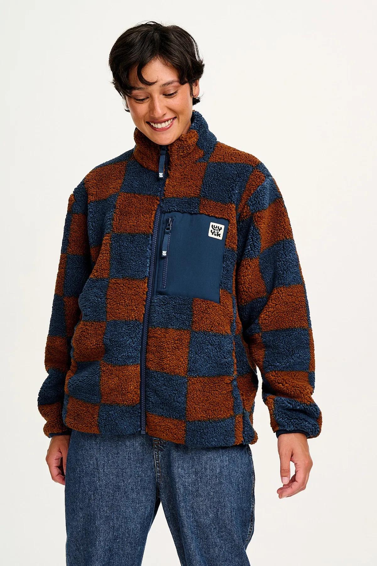 Lucy & Yak Harper - Fleece Jacket in Brown & Blue Chester Check Print