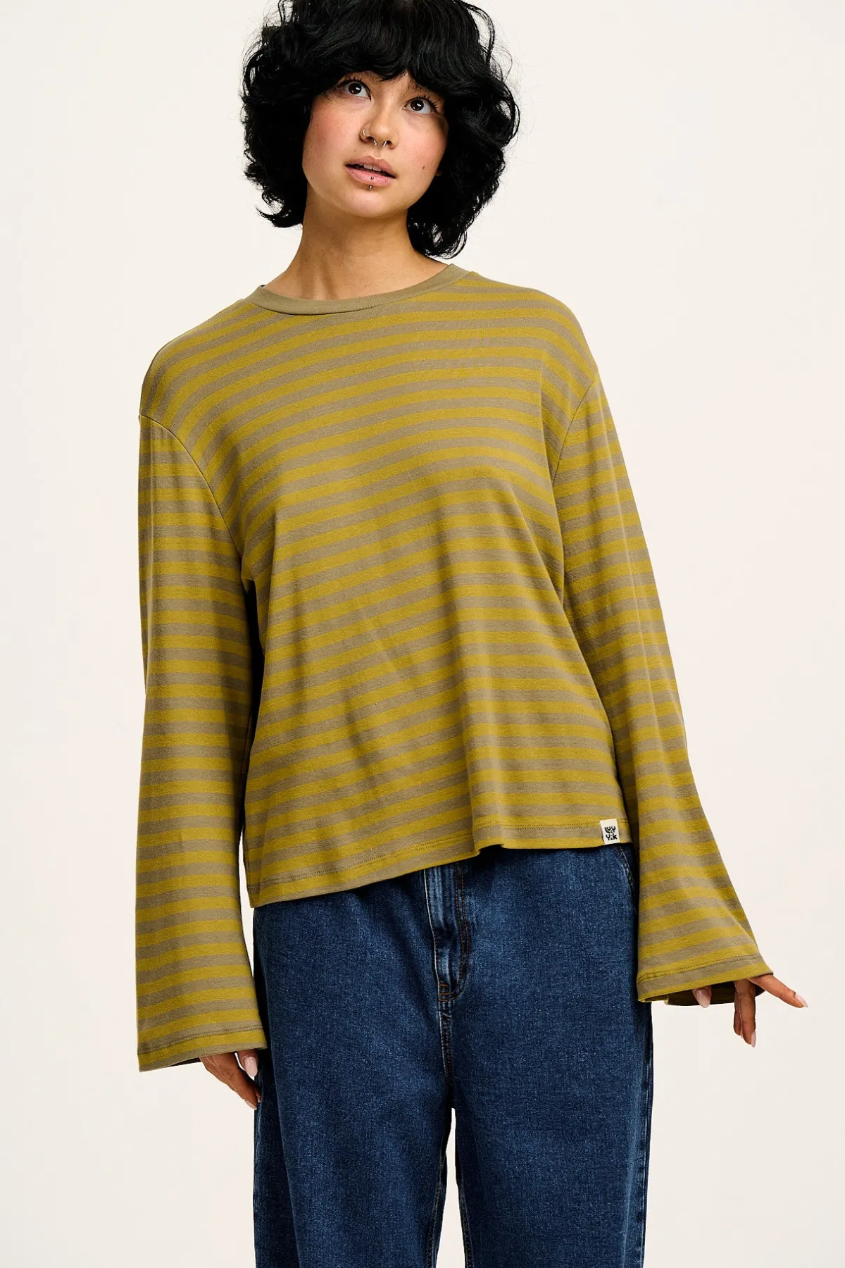 Lucy & Yak Hermione - Fluted Cotton Top in Green Stripe