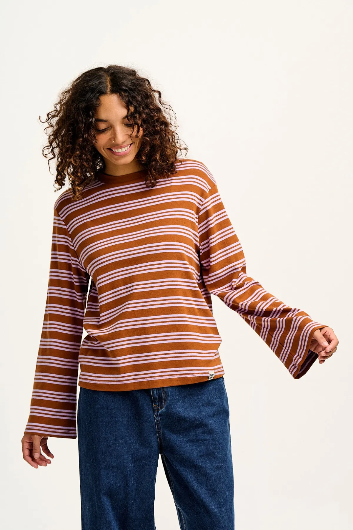 Lucy & Yak Hermione - Fluted Cotton Top in Lilac & Brown Stripe