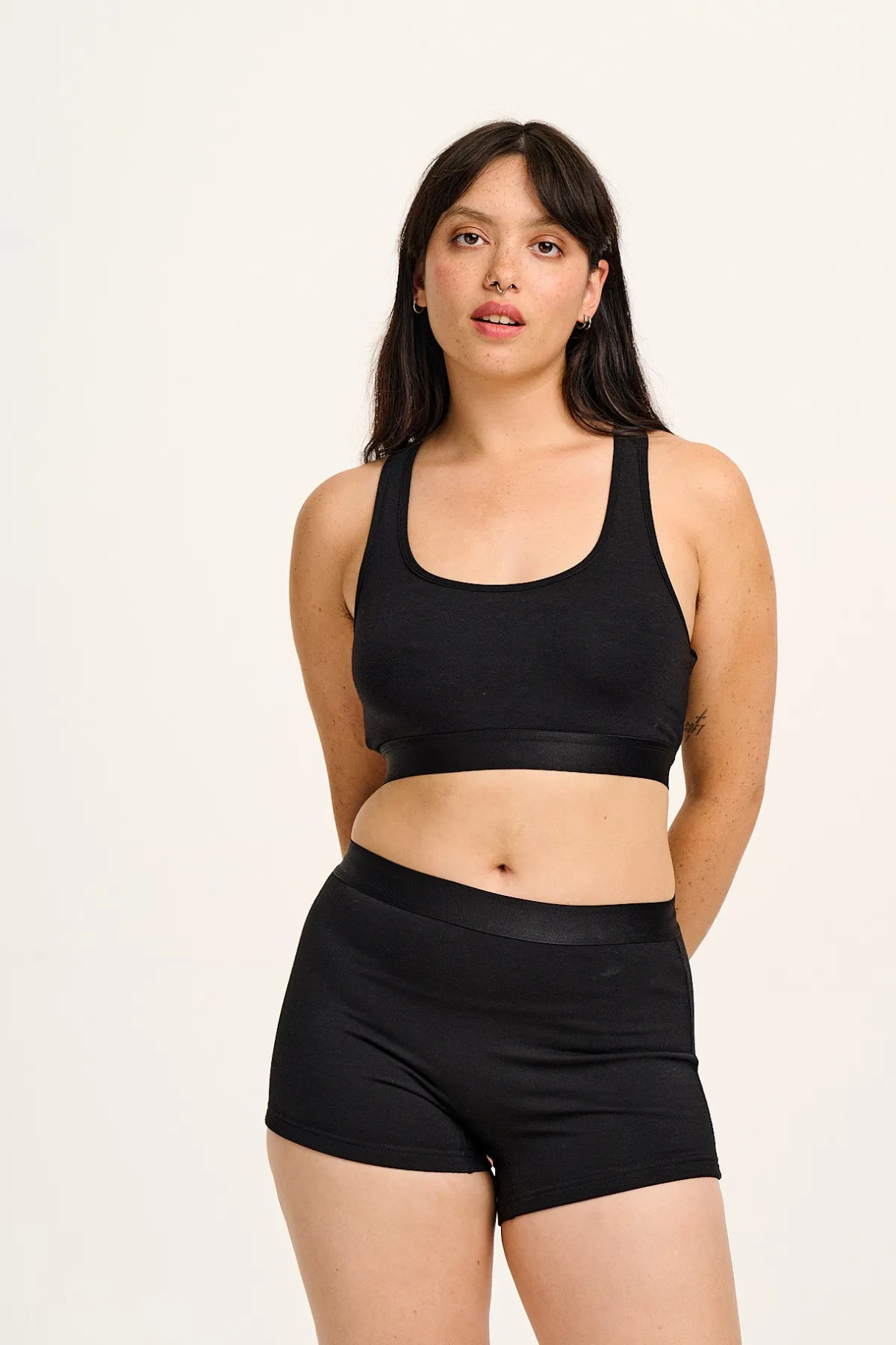 Lucy & Yak Iona - Racer Back Cotton & Bamboo Crop Top in Black