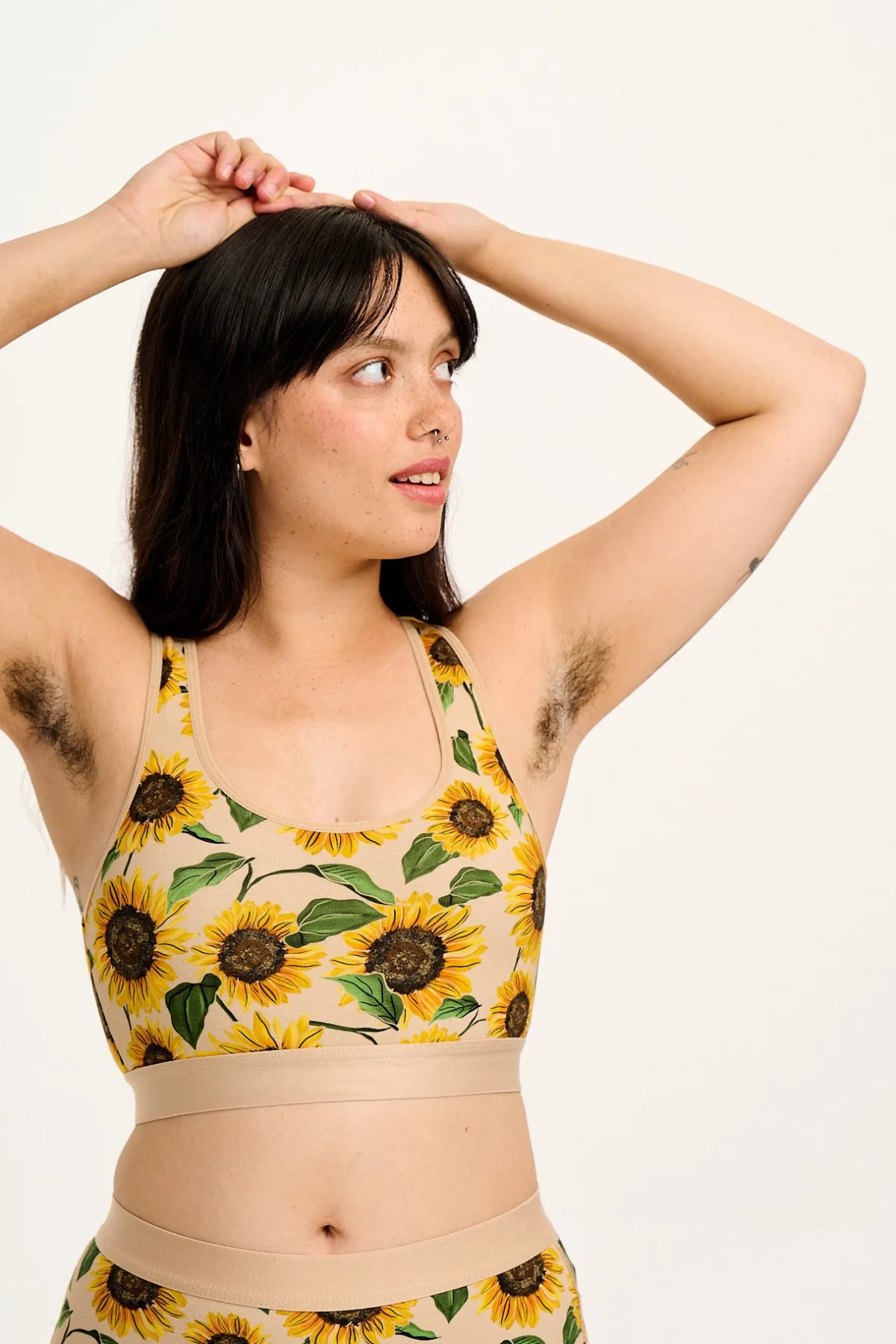Lucy & Yak Iona - Racer Back Cotton & Bamboo Crop Top in Cream Sunflower Print