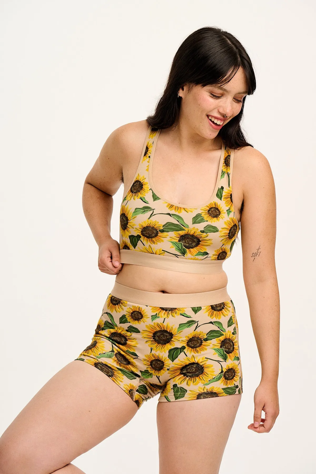 Lucy & Yak Iona - Racer Back Cotton & Bamboo Crop Top in Cream Sunflower Print