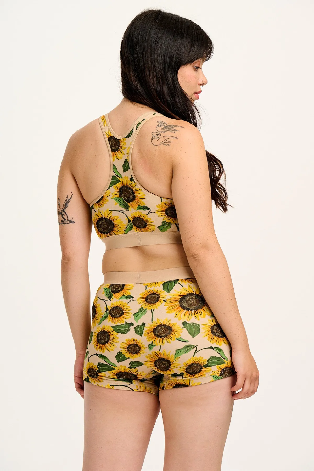 Lucy & Yak Iona - Racer Back Cotton & Bamboo Crop Top in Cream Sunflower Print