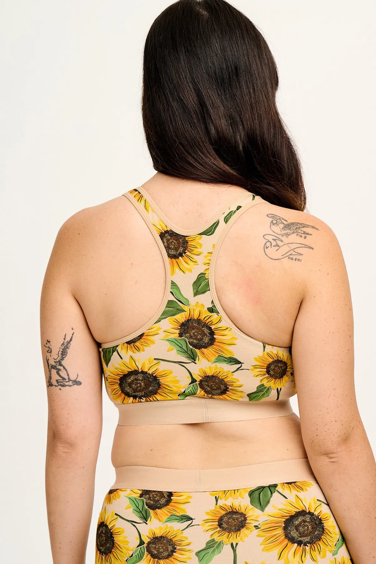 Lucy & Yak Iona - Racer Back Cotton & Bamboo Crop Top in Cream Sunflower Print