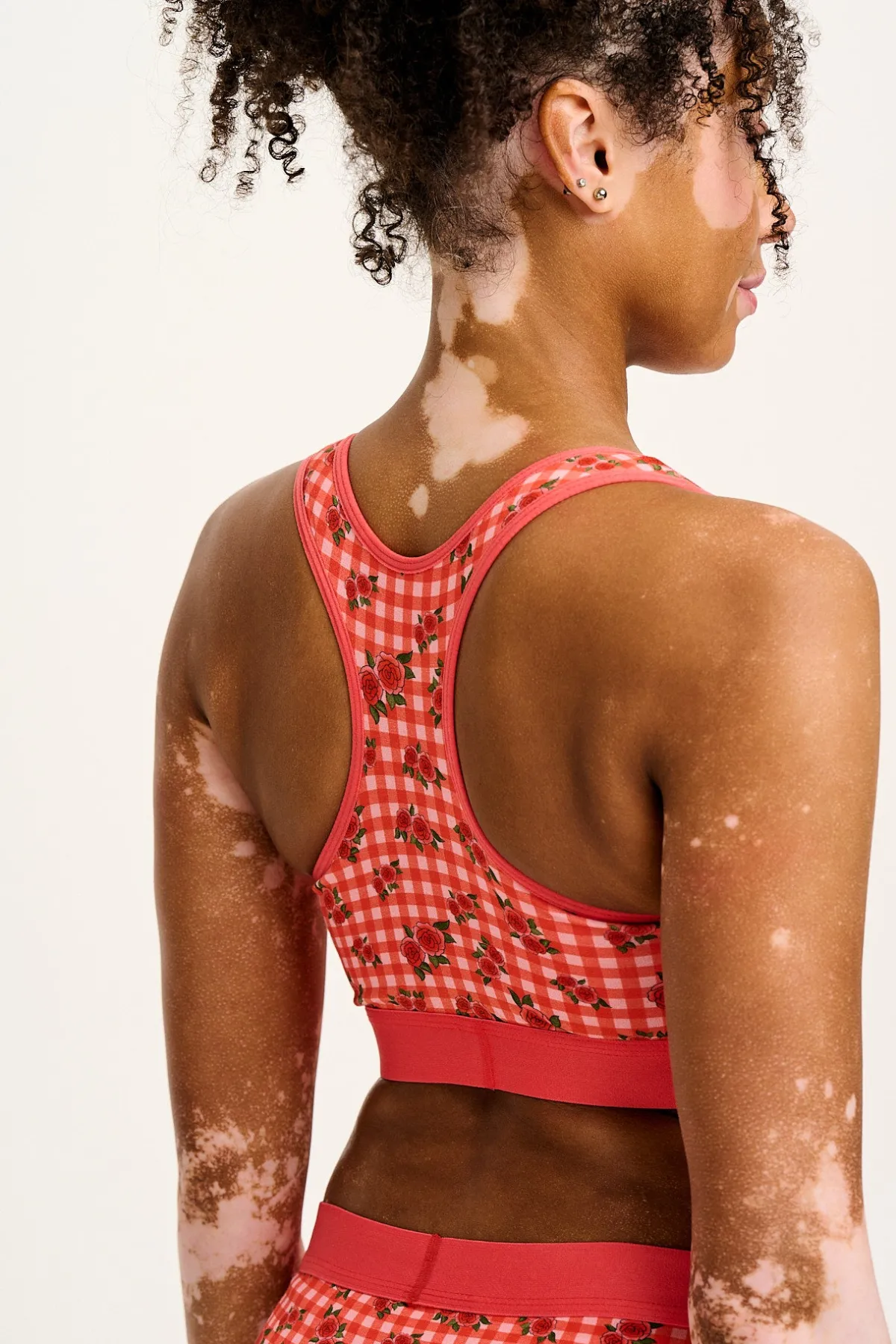 Lucy & Yak Iona - Racer Back Cotton & Bamboo Crop Top in Pink Check Rosalind Print