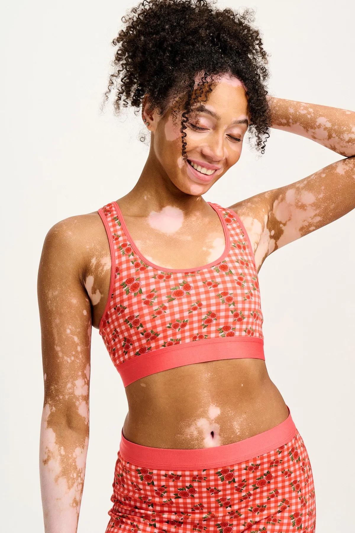 Lucy & Yak Iona - Racer Back Cotton & Bamboo Crop Top in Pink Check Rosalind Print