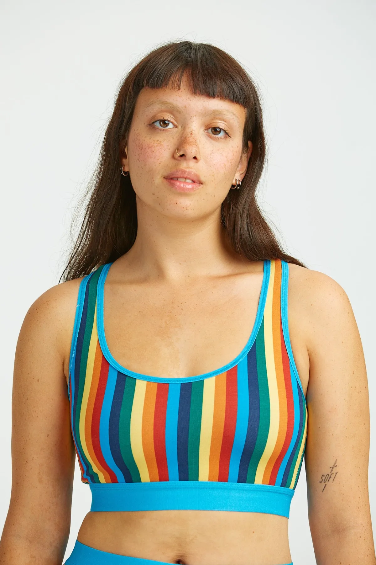 Lucy & Yak Iona - Racer Back Cotton & Bamboo Crop Top in Rainbow Stripe