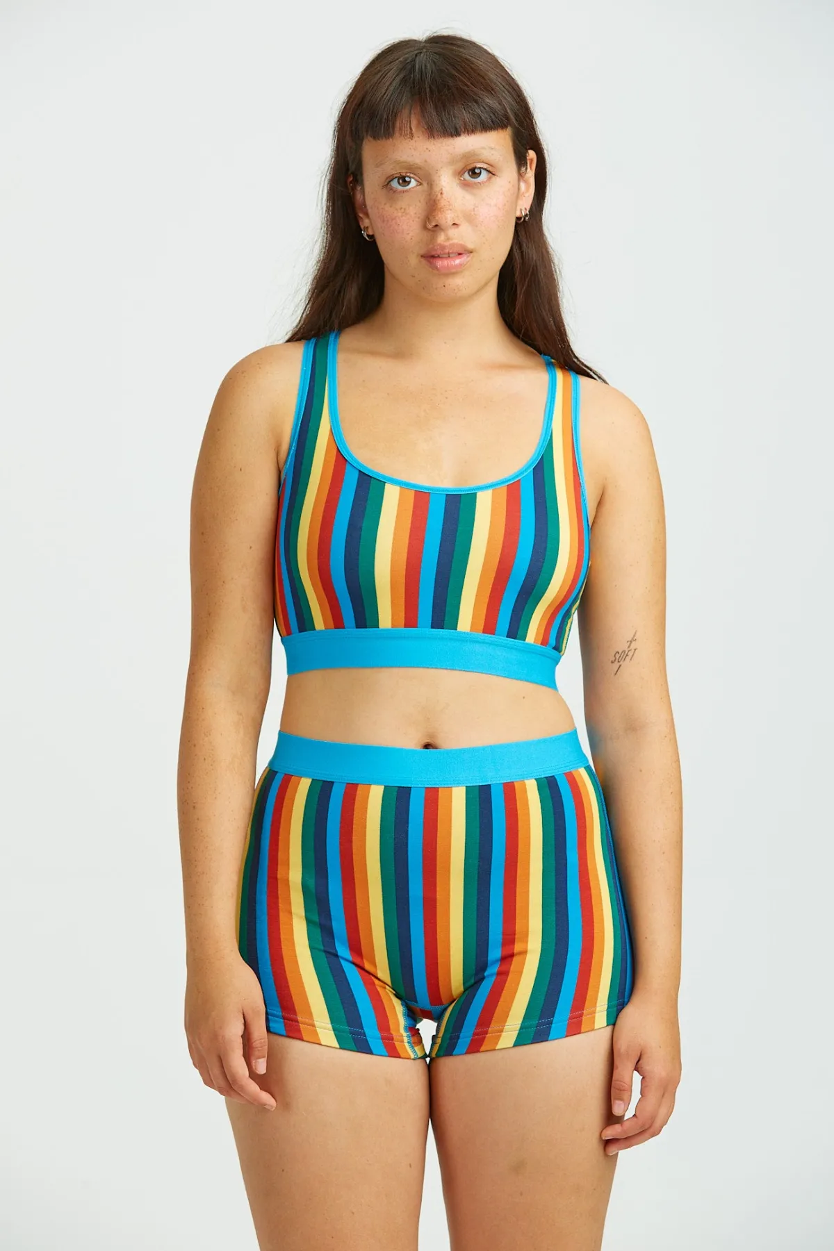 Lucy & Yak Iona - Racer Back Cotton & Bamboo Crop Top in Rainbow Stripe