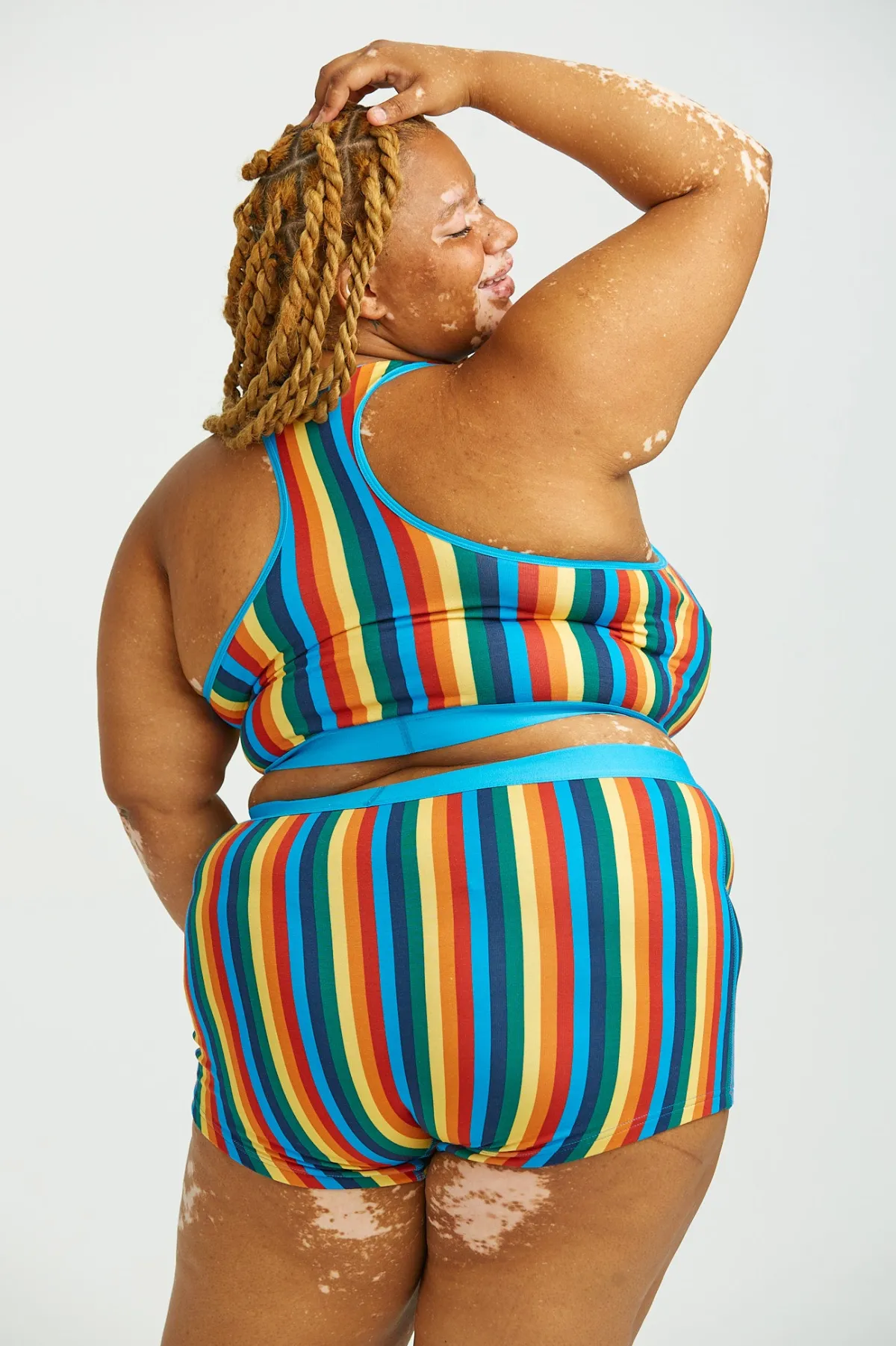 Lucy & Yak Iona - Racer Back Cotton & Bamboo Crop Top in Rainbow Stripe