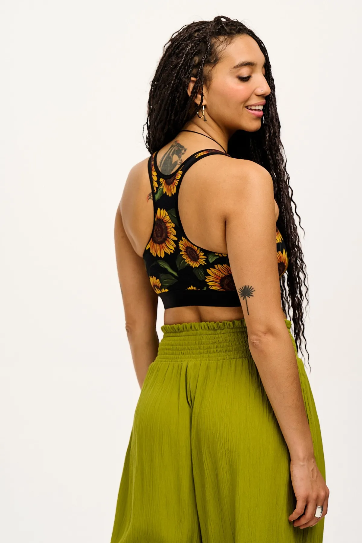 Lucy & Yak Iona - Racer Back Cotton & Bamboo Crop Top in Sunflower Print