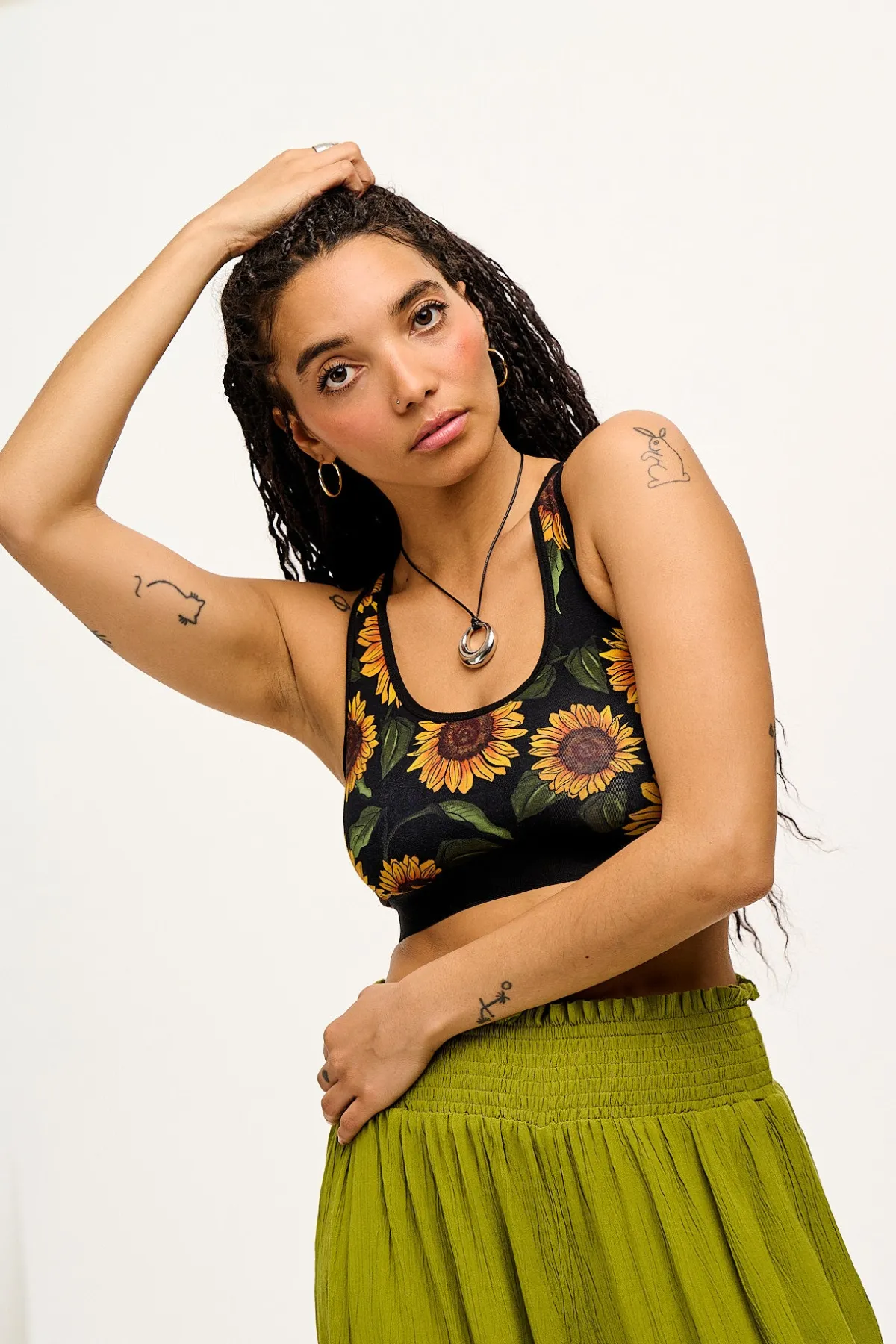 Lucy & Yak Iona - Racer Back Cotton & Bamboo Crop Top in Sunflower Print