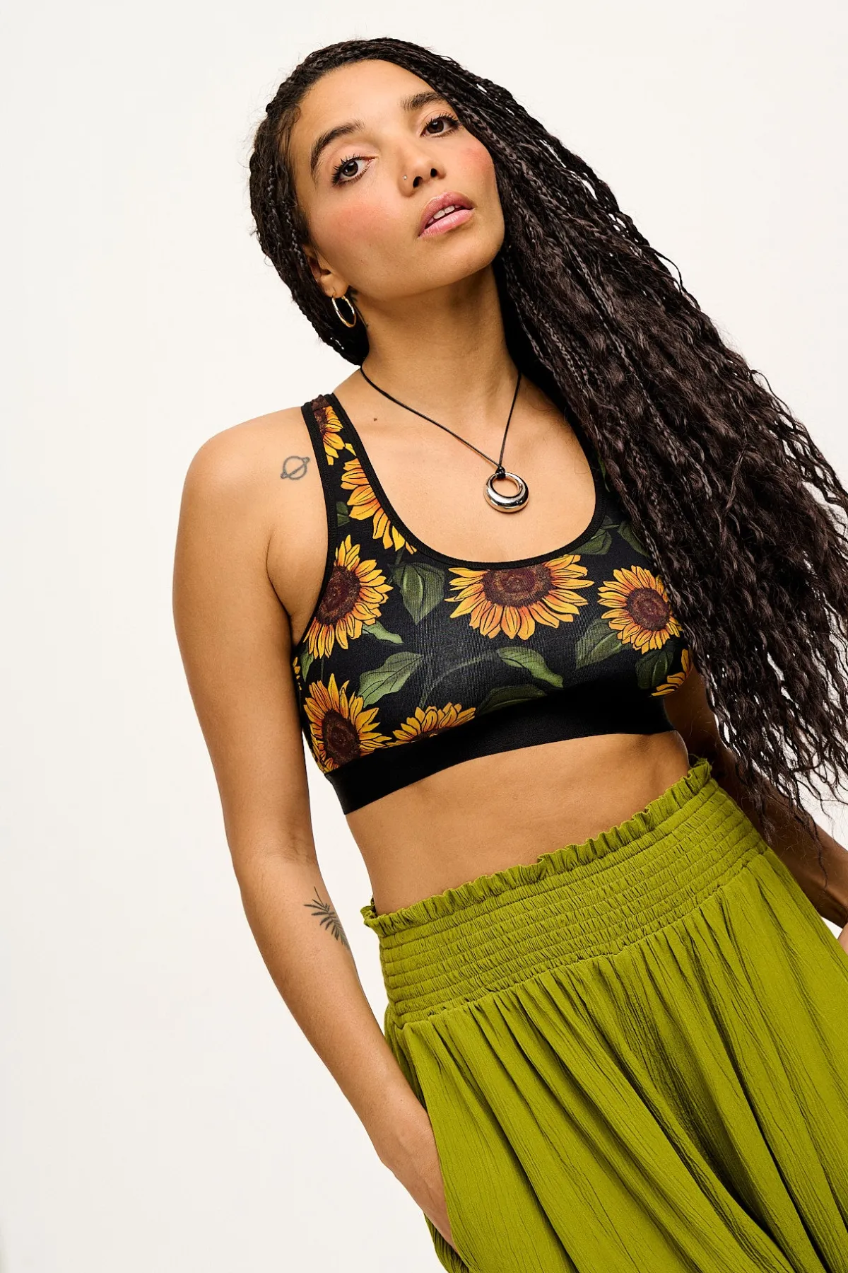 Lucy & Yak Iona - Racer Back Cotton & Bamboo Crop Top in Sunflower Print