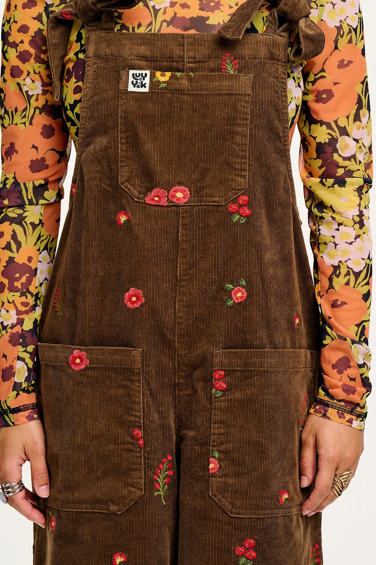 Lucy & Yak Jenny - Wide Leg Corduroy Dungarees with Cocoa Bella Embroidery