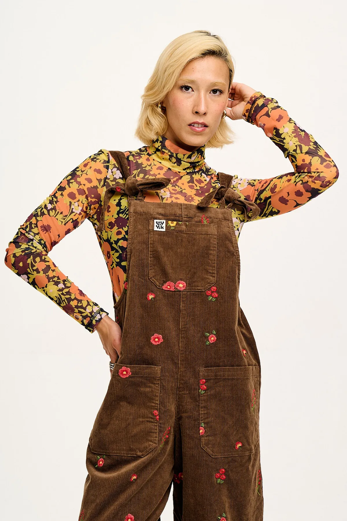 Lucy & Yak Jenny - Wide Leg Corduroy Dungarees with Cocoa Bella Embroidery