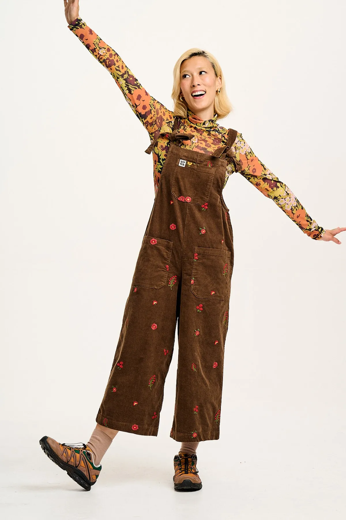 Lucy & Yak Jenny - Wide Leg Corduroy Dungarees with Cocoa Bella Embroidery