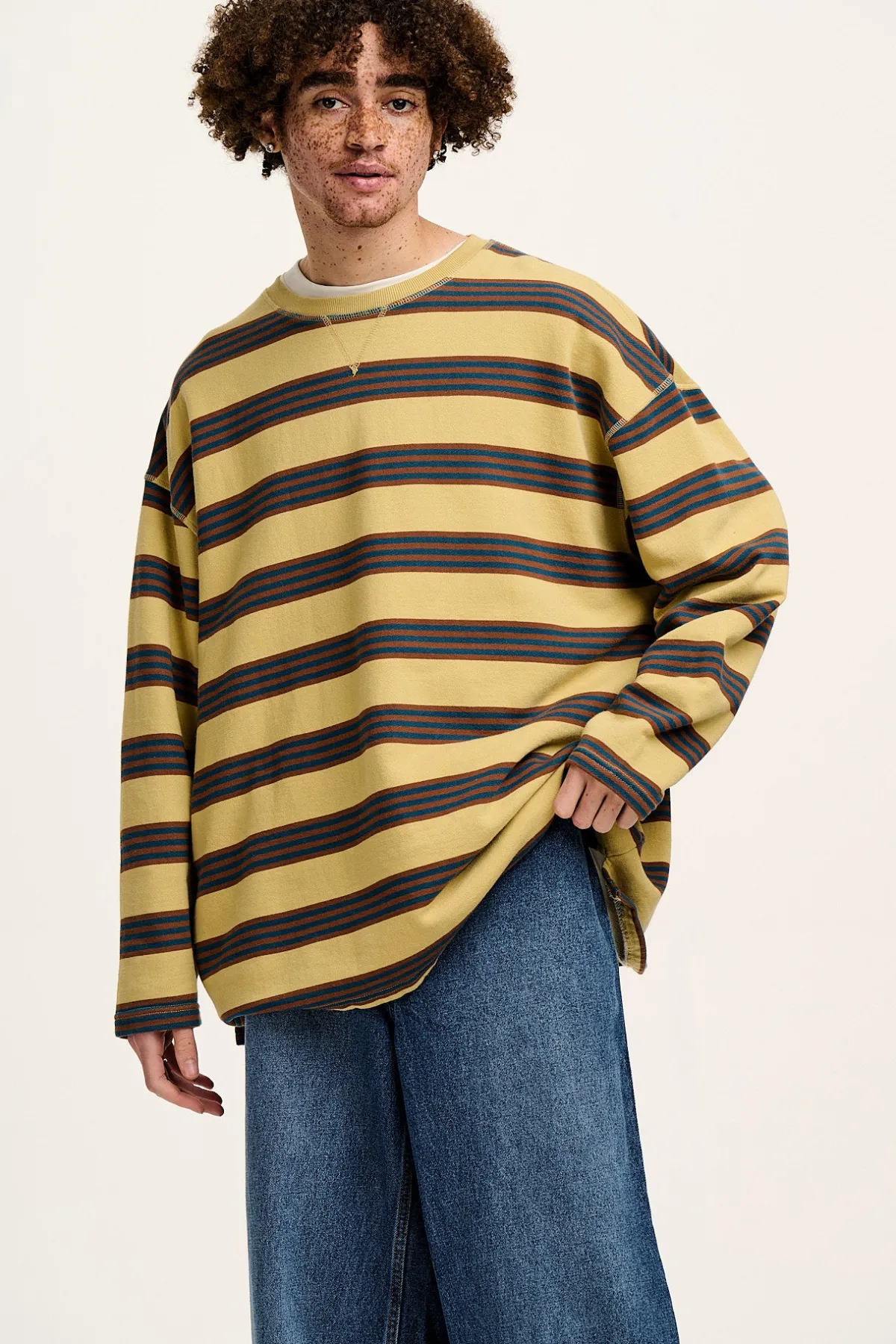 Lucy & Yak Kai - Midweight Cosy Loop Back Cotton Sweatshirt in Brown & Blue Skater Stripe