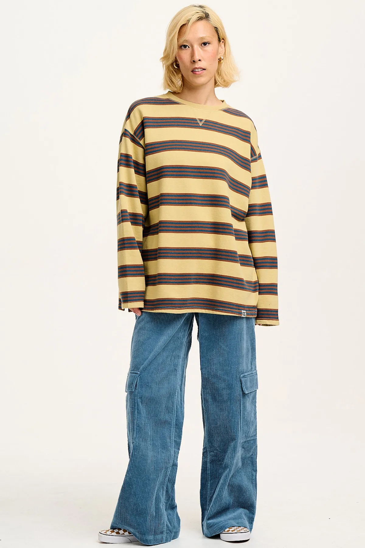 Lucy & Yak Kai - Midweight Cosy Loop Back Cotton Sweatshirt in Brown & Blue Skater Stripe