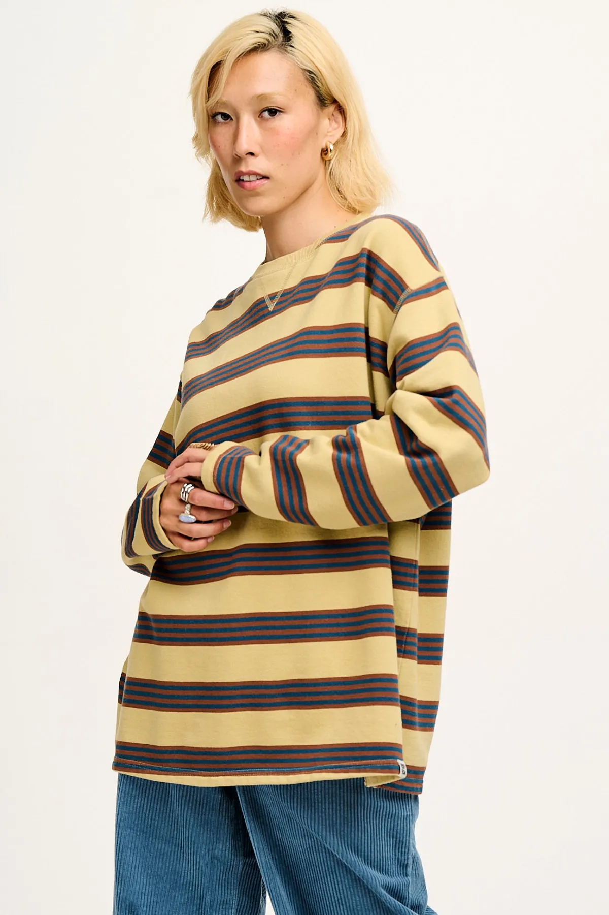 Lucy & Yak Kai - Midweight Cosy Loop Back Cotton Sweatshirt in Brown & Blue Skater Stripe