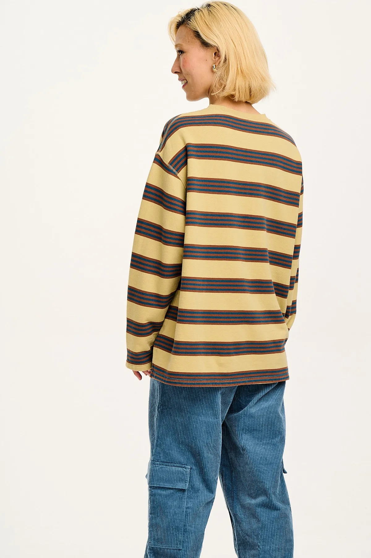 Lucy & Yak Kai - Midweight Cosy Loop Back Cotton Sweatshirt in Brown & Blue Skater Stripe