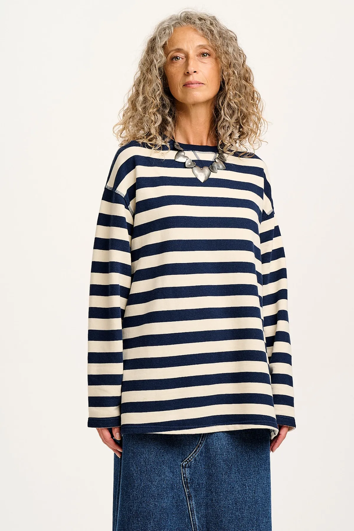 Lucy & Yak Kai - Midweight Cosy Loop Back Cotton Sweatshirt in Navy & Ecru