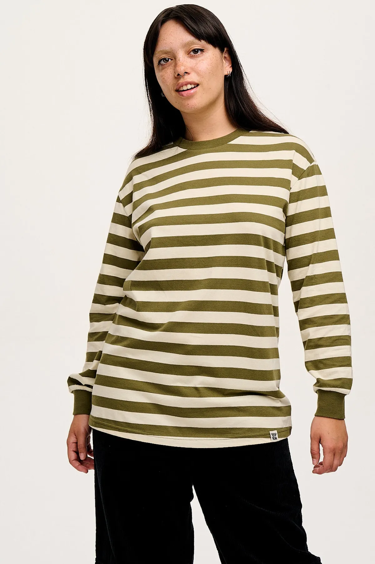 Lucy & Yak Kenny - Long Sleeve Skater Cotton Tee in Green & Ecru Stripe
